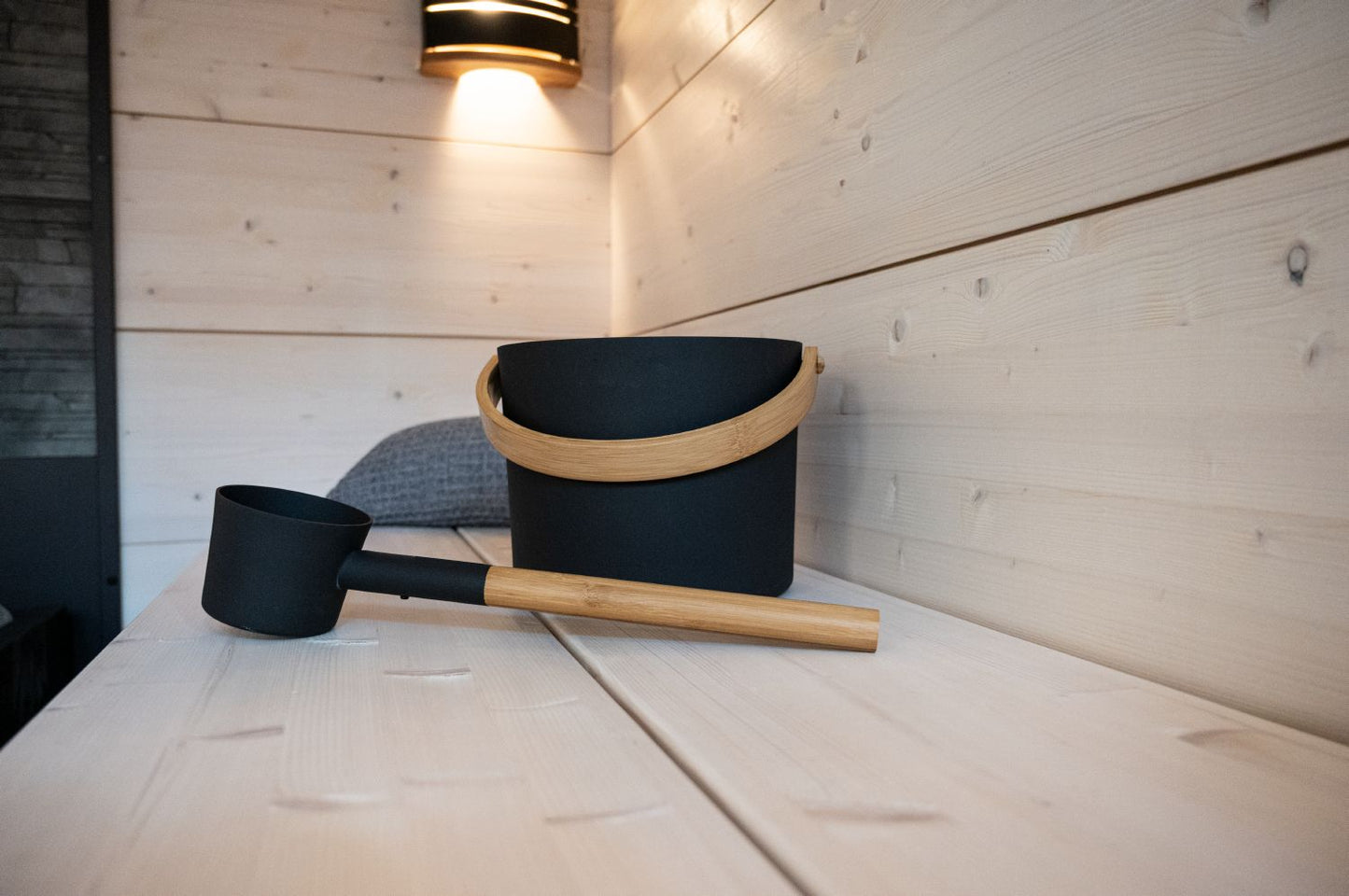 Sauna accessory Harvia pail and ladle Aluminium black